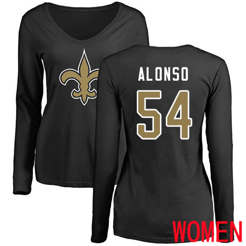 New Orleans Saints Black Women Kiko Alonso Name and Number Logo Slim Fit NFL Football #54 Long Sleeve T Shirt->women nfl jersey->Women Jersey